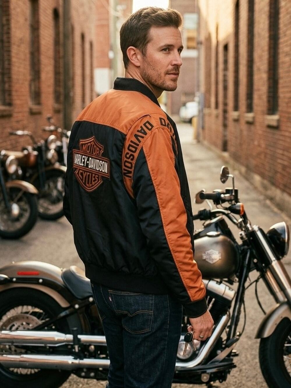 Harley Davidson Motorcycle Riding Bomber Jacket Nylon Orange Black Size M